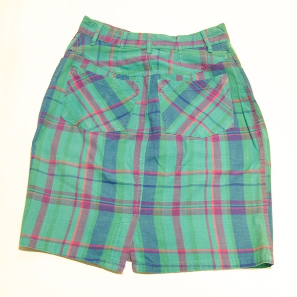 Vintage 1990's blue green teal magenta high waisted plaid mini skirt - Picture 7 of 8